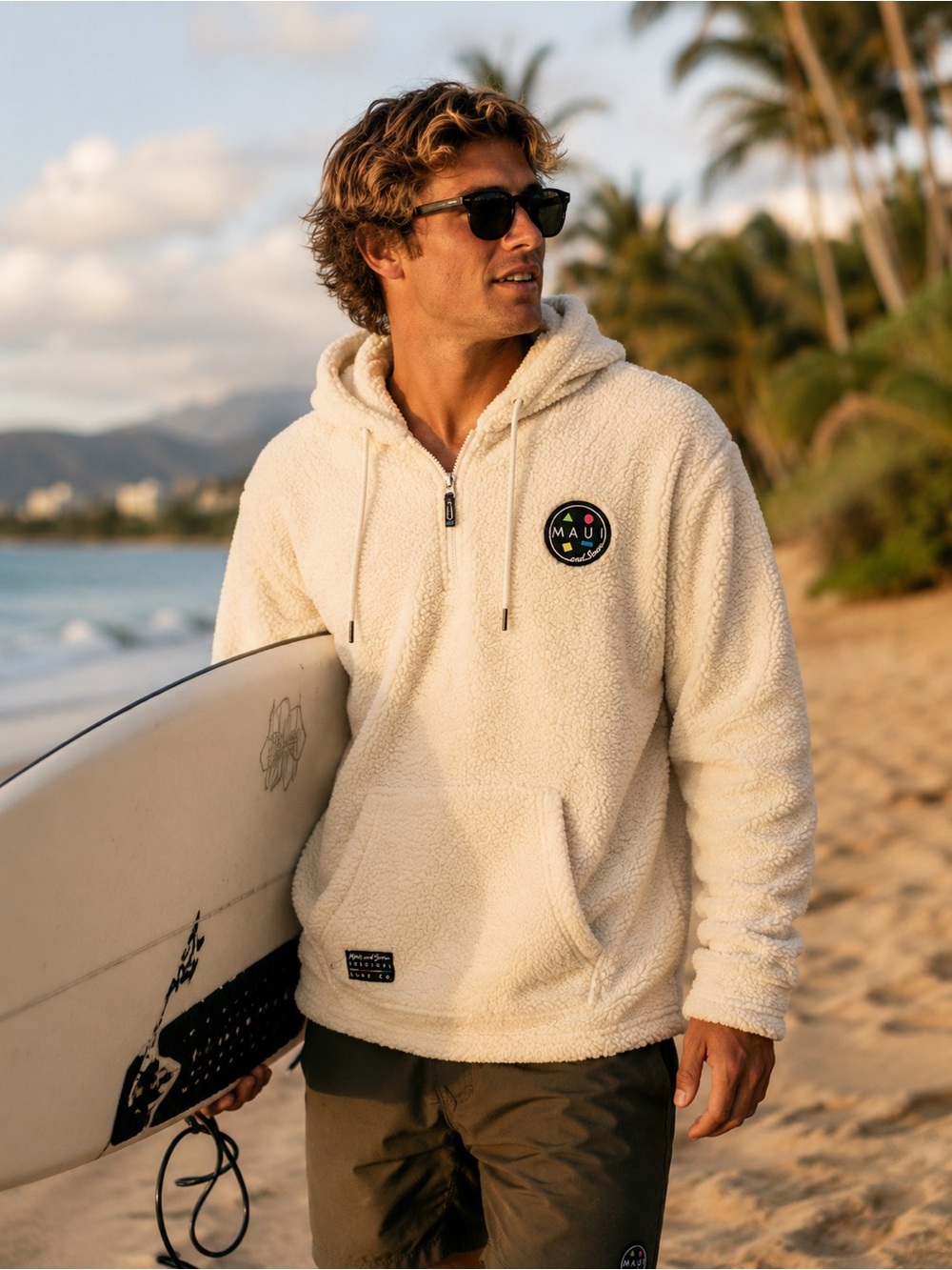Maui and Sons Sherpa Hoodie Pullover 1/4 Zip Cream Fleece Surf Size M